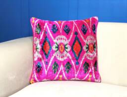 Square Pink Ikat Velvet Pillow Bohemian Cushion Cover - thumbnail 1