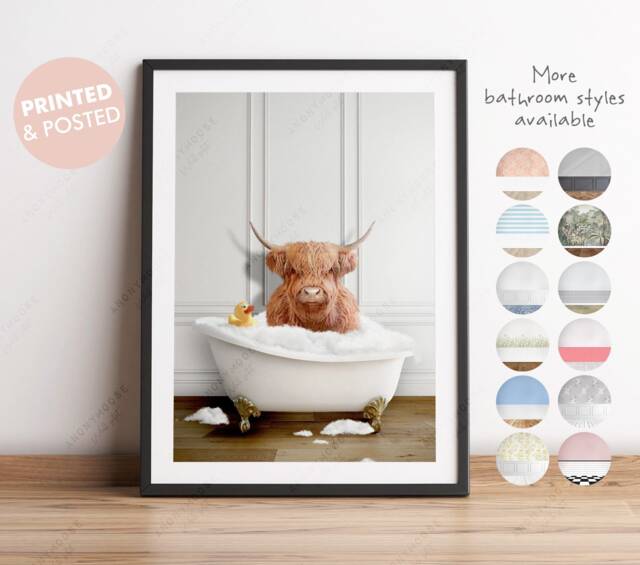 Scottish Highland Cattle in A Bathtub Print, Cow Bathing, Funny Bathroom Print, Animal Bathtub, Highland Tub Whimsy - image 1