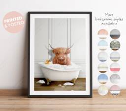 Scottish Highland Cattle in A Bathtub Print, Cow Bathing, Funny Bathroom Print, Animal Bathtub, Highland Tub Whimsy - thumbnail 1