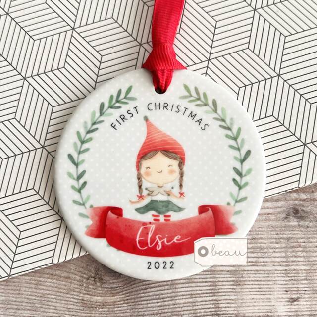 Personalised Baby Babies Baby's First Christmas Boy Girl Newborn Holly Elf Pixie Design Ceramic Round Ornament Keepsake - image 1