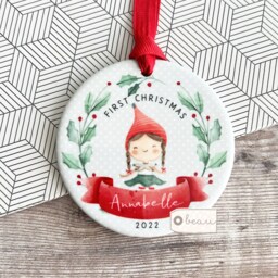Personalised Baby Babies Baby's First Christmas Boy Girl Newborn Holly Elf Pixie Design Ceramic Round Ornament Keepsake - thumbnail 3