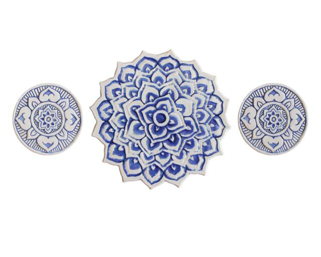 3 Ceramic Circle Wall Art With Ethnic Design For Garden Deco, Mandala Art, Outdoor Hanging Decorative Tiles, #2 Blue - image 1