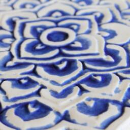 3 Ceramic Circle Wall Art With Ethnic Design For Garden Deco, Mandala Art, Outdoor Hanging Decorative Tiles, #2 Blue - thumbnail 3