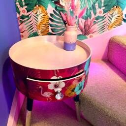 Bedside Table Pink & Blue Tropical . Flamingo Leopard Print Round Nightstand. Silver Leaf Legs Bedside - thumbnail 4
