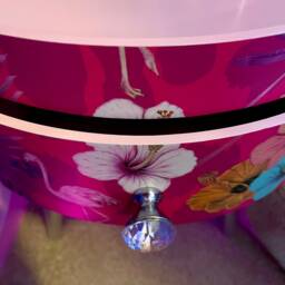 Bedside Table Pink & Blue Tropical . Flamingo Leopard Print Round Nightstand. Silver Leaf Legs Bedside - thumbnail 2