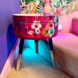 Bedside Table Pink & Blue Tropical . Flamingo Leopard Print Round Nightstand. Silver Leaf Legs Bedside - thumbnail 1