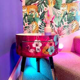 Bedside Table Pink & Blue Tropical . Flamingo Leopard Print Round Nightstand. Silver Leaf Legs Bedside - thumbnail 3