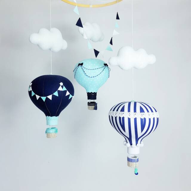 Hot Air Balloon Baby Mobile, Navy Blue, Aquamarine Nursery Decor - image 1