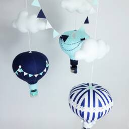 Hot Air Balloon Baby Mobile, Navy Blue, Aquamarine Nursery Decor - thumbnail 3