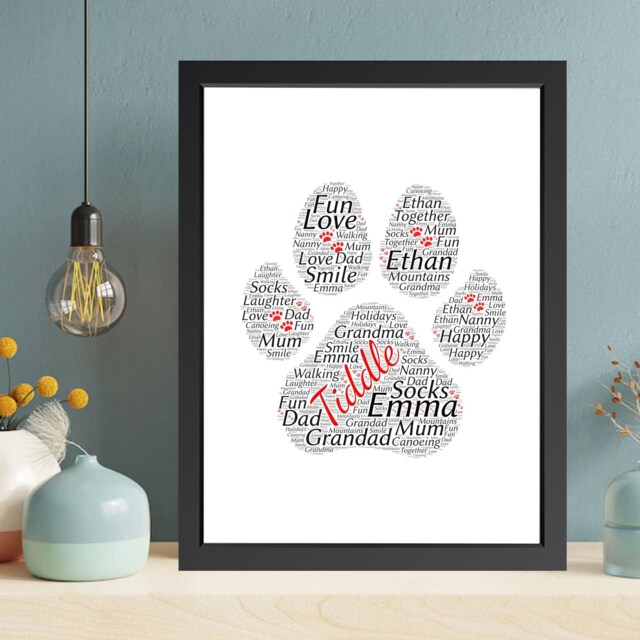 Pet Paw Print Word Art, Paw Words Collage Print, New Puppy Gift Custom Name Cloud Dog Animal Lover Gift, Memorial Framed - image 1