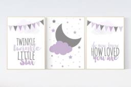 Purple Nursery Decor Twinkle Star, Moon Art Print - thumbnail 1