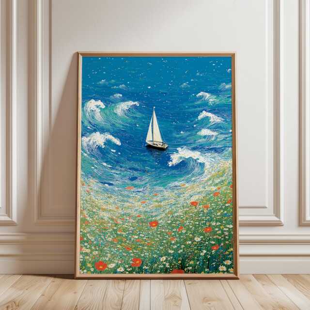 Sailboat Seascape Poster Blue Coastal Wall Art Ocean Landscape Illustration Print Bright Nature Home Decor, Modern Impressionist - image 1