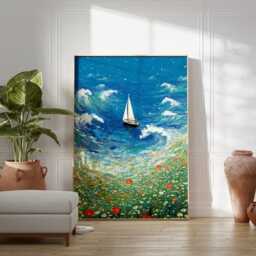 Sailboat Seascape Poster Blue Coastal Wall Art Ocean Landscape Illustration Print Bright Nature Home Decor, Modern Impressionist - thumbnail 3