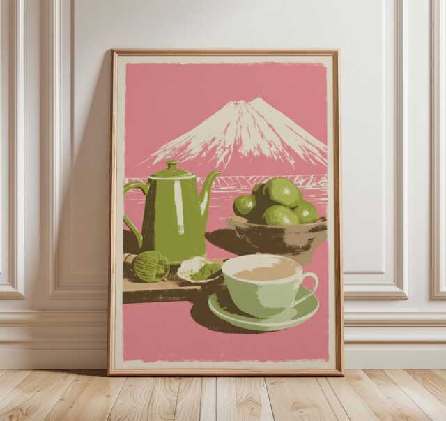 Japanese Matcha Tea Poster, Modern Kitchen Wall Art, Green Teapot & Cup Print, Minimalist Food Illustration, Pink Aesthetic Decor - image 1