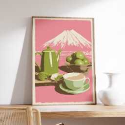 Japanese Matcha Tea Poster, Modern Kitchen Wall Art, Green Teapot & Cup Print, Minimalist Food Illustration, Pink Aesthetic Decor - thumbnail 2