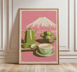 Japanese Matcha Tea Poster, Modern Kitchen Wall Art, Green Teapot & Cup Print, Minimalist Food Illustration, Pink Aesthetic Decor - thumbnail 1
