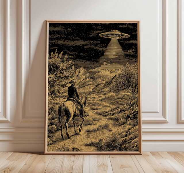 Ufo Cowboy Poster, Western Sci Fi Artwork, Nevada Wall Art, Alien Encounter Print, Desert Night Scene Decor, Extraterrestrial Art - image 1