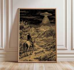 Ufo Cowboy Poster, Western Sci Fi Artwork, Nevada Wall Art, Alien Encounter Print, Desert Night Scene Decor, Extraterrestrial Art - thumbnail 1