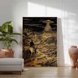 Ufo Cowboy Poster, Western Sci Fi Artwork, Nevada Wall Art, Alien Encounter Print, Desert Night Scene Decor, Extraterrestrial Art - thumbnail 2