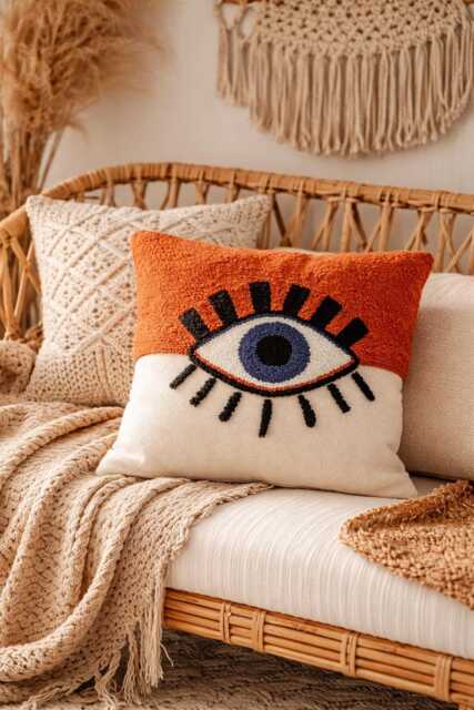 Punch Needle Evil Eye Pillow Cover, Tufted Boho Cushion, Handmade Decorative Pillow, Home Decor, Gift For Her, 16x16 Inch - image 1