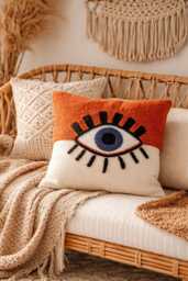 Punch Needle Evil Eye Pillow Cover, Tufted Boho Cushion, Handmade Decorative Pillow, Home Decor, Gift For Her, 16x16 Inch - thumbnail 1