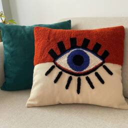 Punch Needle Evil Eye Pillow Cover, Tufted Boho Cushion, Handmade Decorative Pillow, Home Decor, Gift For Her, 16x16 Inch - thumbnail 2