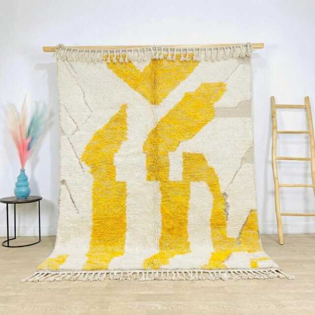 Moroccan White & Yellow Berber Rug, Boho Nursery Authentic Beni Ourain Carpet, Large Area Handwoven Wool Shag Rug - image 1