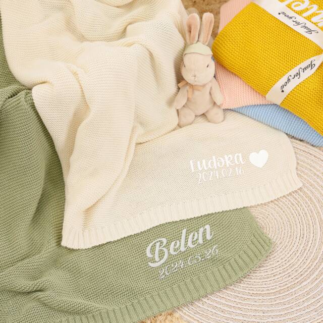 Hand-Embroidered Knit Baby Blanket, Personalized Name Receiving Shower Gift For Girl/Boy, Soft Breathable Cotton - image 1