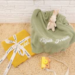 Hand-Embroidered Knit Baby Blanket, Personalized Name Receiving Shower Gift For Girl/Boy, Soft Breathable Cotton - thumbnail 3