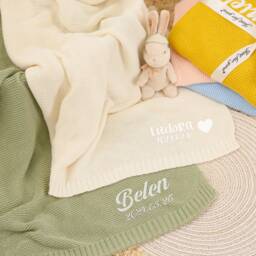 Hand-Embroidered Knit Baby Blanket, Personalized Name Receiving Shower Gift For Girl/Boy, Soft Breathable Cotton - thumbnail 1