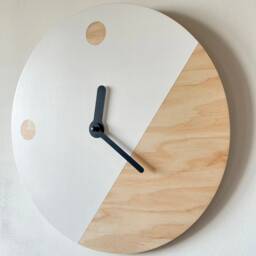 Scandi Wooden Wall Clock Minimalist White & Wood Dots Design Mid-Century Art Silent - thumbnail 3