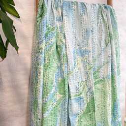 Kantha Stitch Pure Cotton Reversible Bed/Sofa Bedroom Throw King Size Handmade Marble Dohar Summer Pretty Pastel Green Blue Ocean Hue - thumbnail 3