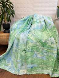 Kantha Stitch Pure Cotton Reversible Bed/Sofa Bedroom Throw King Size Handmade Marble Dohar Summer Pretty Pastel Green Blue Ocean Hue