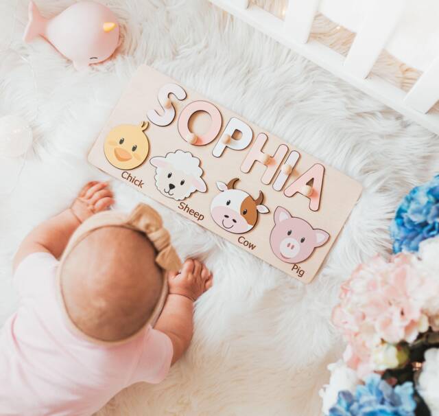 Baby Girl Name Puzzle, Personalized Puzzle With Farm Animals, 3 Years Old, Christmas Gifts For Kids, Wooden Toddler Toys, Montessori Board - image 1