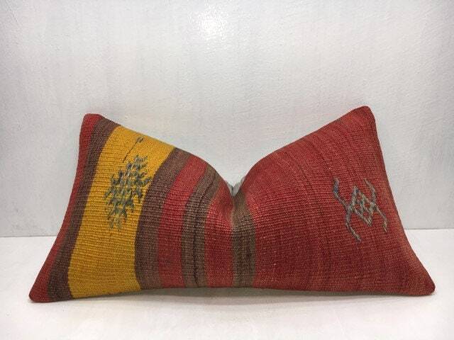 Vintage Kilim Lumbar Pillow, Handwoven Turkish Pillow Cover - 12x24 - image 1