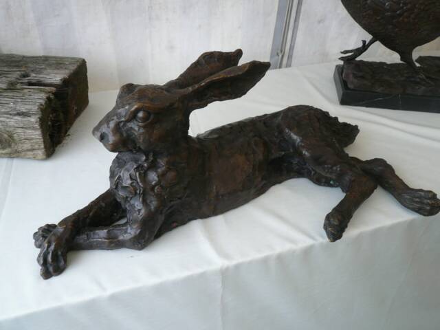 Large Bronze Hare Sculpture, Resting Garden Statue, Life Size - image 1
