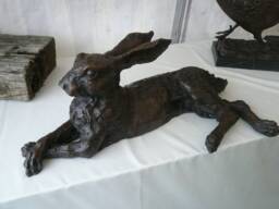 Large Bronze Hare Sculpture, Resting Garden Statue, Life Size - thumbnail 1