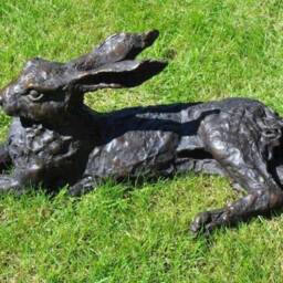 Large Bronze Hare Sculpture, Resting Garden Statue, Life Size - thumbnail 2