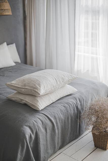 White Linen Pillowcase With Black Stripes, Softened Envelope Closure, Handmade Natural Pillow Cover, Bedding - image 1