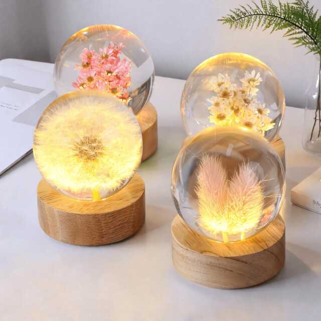 Flowers Resin Night Light Handmade Crystal Ball Lamp, Dandelion, Daisy, Rose, Tulip, Sunflower, Carnation - image 1