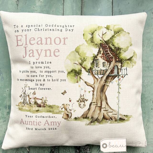 Personalised Christening Baptism Gift Promise To Godchild Godson Goddaughter Rabbit Woodland Tree Linen Style Cushion Godparent Godmother - image 1