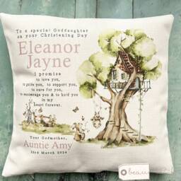 Personalised Christening Baptism Gift Promise To Godchild Godson Goddaughter Rabbit Woodland Tree Linen Style Cushion Godparent Godmother - thumbnail 1