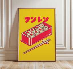 Japanese Sushi Poster, Pop Art Food Print, Retro Kitchen Wall Art, Yellow & Red Design, Modern Restaurant Decor, Minimal Graphic Style - thumbnail 1