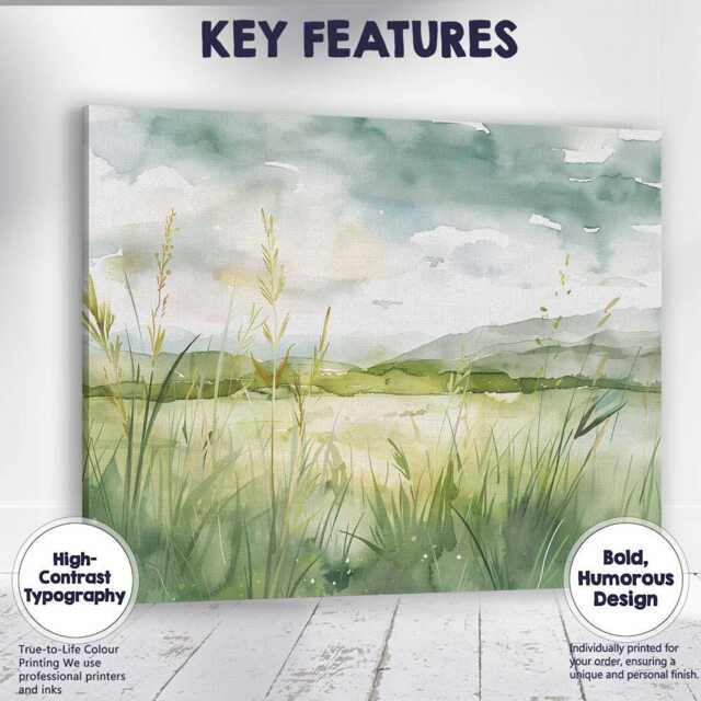 Soft Green Lakeside Reed Watercolour Landscape Canvas Wall Art Print Decor Picture Ready To Hang - image 1