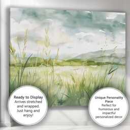 Soft Green Lakeside Reed Watercolour Landscape Canvas Wall Art Print Decor Picture Ready To Hang - thumbnail 3