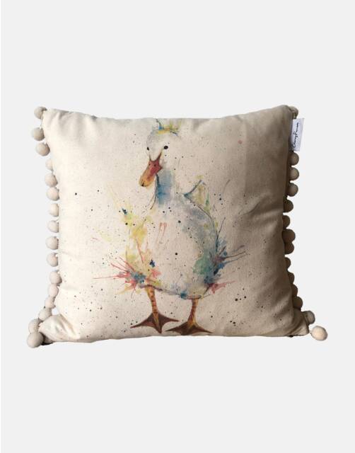 Watercolor Duck Cushion Organic Linen, Wool Back, Pompom Trim - image 1