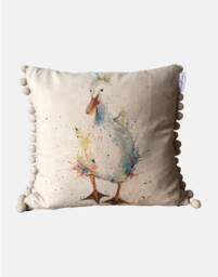 Watercolor Duck Cushion Organic Linen, Wool Back, Pompom Trim - thumbnail 1