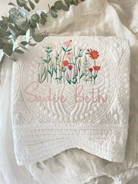 Wildflower Nursery Baby Quilt Blanket Heirloom Embroidered Flowers Personalized Shower Gift Pregnant Mom - image 1