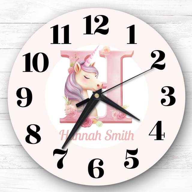 Pink Unicorn Alphabet Letter H Personalised Gift Clock - image 1