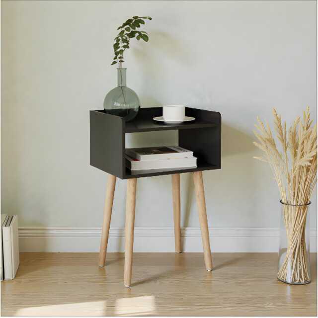 Wooden Bedside Table Modern Black With Pinewood Legs, 2 Shelf Storage - image 1